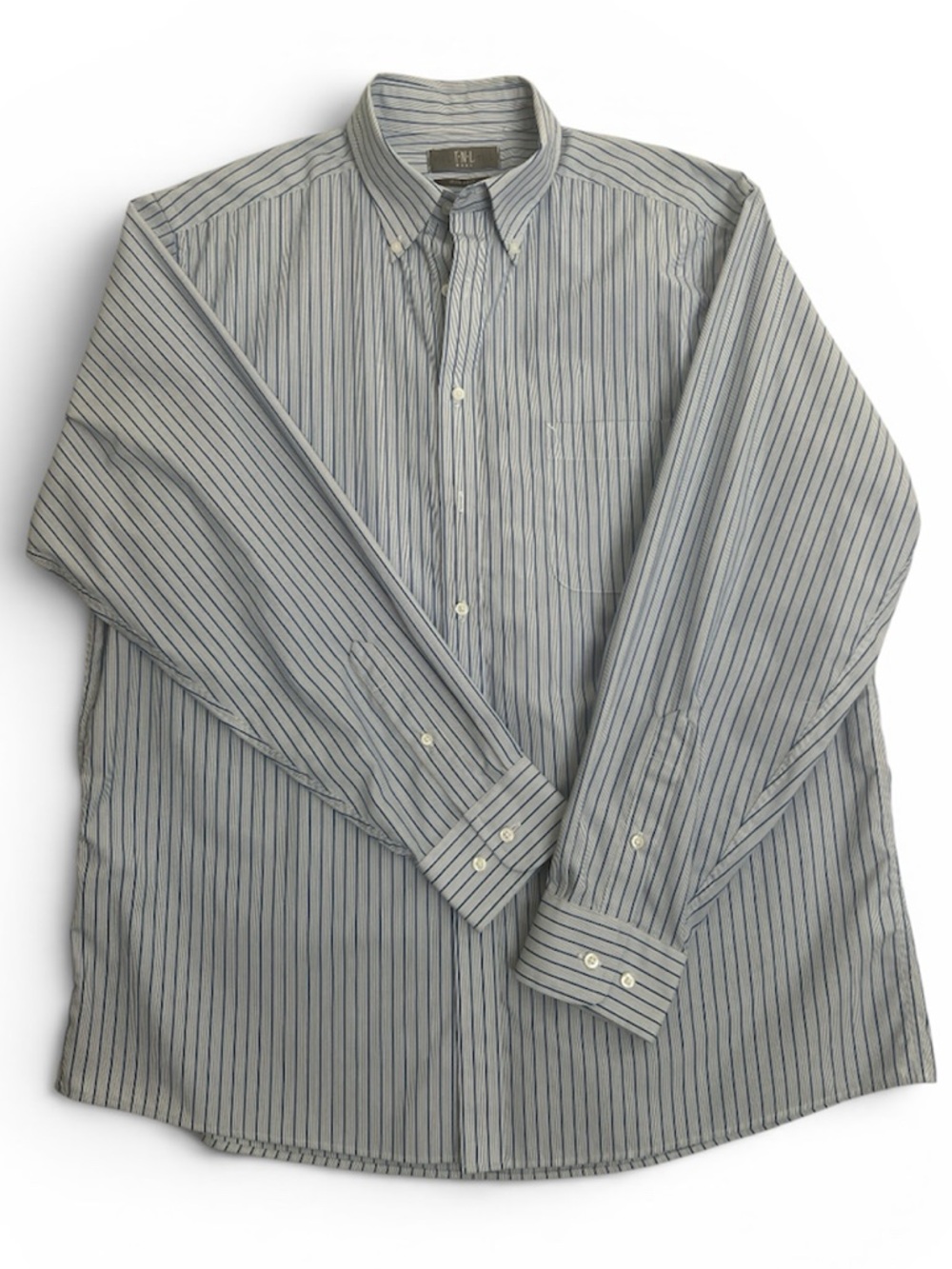 Men's Blue Striped Button-Down Dress Shirt, Size Large.